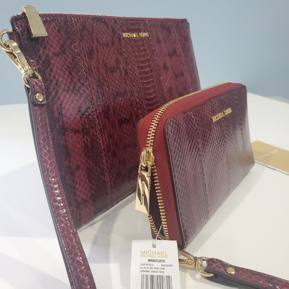 NWT ✅ Michael Kors Mulberry Snakeskin Set: Clutch Wristlet + Matching Wallet NWT - Picture 6 of 16
